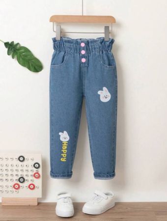 Girls' Casual Versatile Cute Floral Print Drawstring Waist Washed Denim Tapered Pants