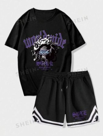 ROMWE Grunge Punk Men Letter Graphic Tee & Drawstring Shorts, School