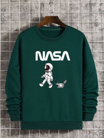 Men Letter & Spaceman Print Thermal Lined Sweatshirt