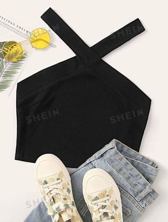 SHEIN EZwear Solid Rib-knit Criss-cross Halter Top