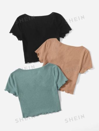 SHEIN EZwear Plus 3pcs Notch Neck Lettuce Trim Top