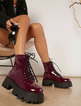 Artificial Patent PU Lace Up Lug Sole Combat Boots