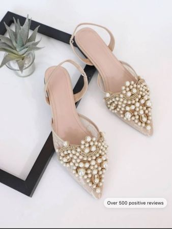 Women Faux Pearl & Rhinestone Decor Slingback Flats, Fashion Outdoor Flats