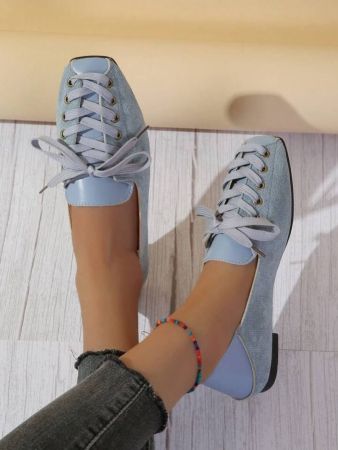 Fashion Blue Flat Shoes Lace Up Square Toe Suede Leather Oxford Flat Shoes