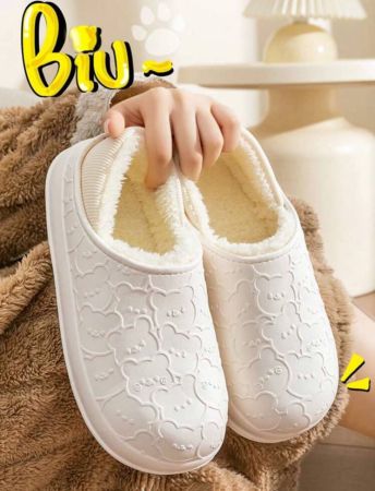 Thick Waterproof Slippers, Unisex, Comfortable Wool Lining EVA Indoor Outdoor Winter Slides, Solid Color Pattern & Flannel Insole, Warm & Comfortable