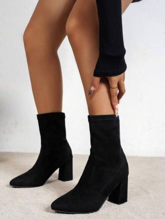 New Women Short Boots & Ankle Boots, Black & Brown, Fashionable Slip-On, Faux Suede Pointed Toe Block Heel Boots, Stretch Boots, Versatile Style For Small Sizes