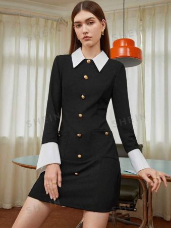 SHEIN BIZwear Contrast Collar Button Front Shirt Dress