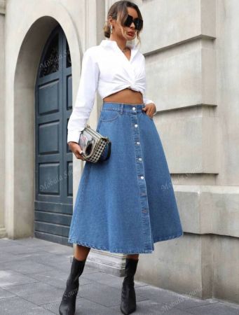 Versatile Autumn Winter Button-Down Denim A-Line Midi Skirt