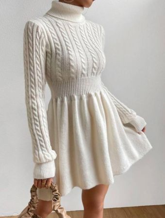 SHEIN Privé Cable Knit Turtleneck Pink Mini Sweater Dress