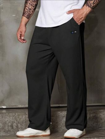 Manfinity Homme Loose-Fit Men's Straight Leg Pants With Letter Patch And Drawstring Waist