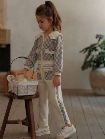 Young Girl Checker and Heart Print Statement Collar Jacket & Pants