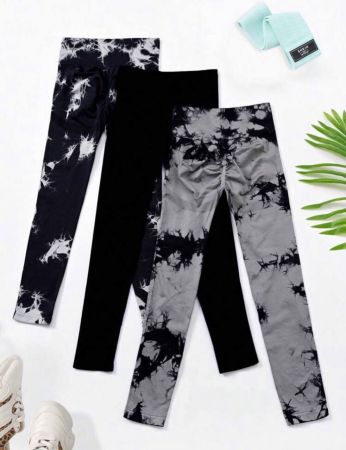 SHEIN Sport Studio 3pcs Tie Dye Wideband Waist Sports Leggings