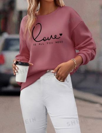 SHEIN LUNE Heart And Slogan Graphic Drop Shoulder Sweatshirt Love Is All You Need