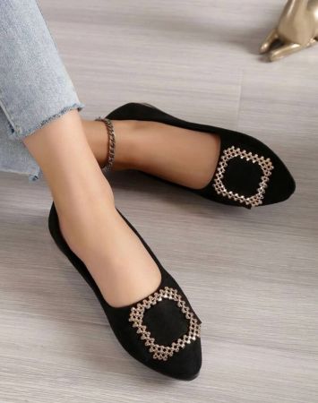 Women Comfortable Metal Decor Point Toe Flats, Fashionable Outdoor Faux Suede Slip-On Flats