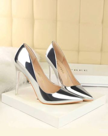 Metallic Point Toe Stiletto Heeled Court Pumps, Gold Party Solid Color High Heel Shoes