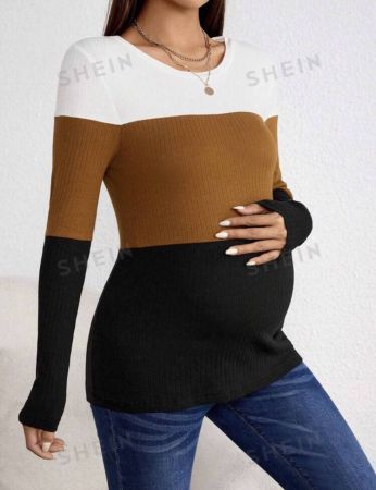 SHEIN Maternity Color Block Ribbed Knit T-Shirt