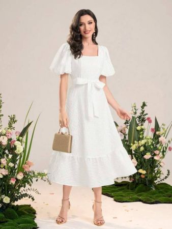 Square neck belted dress with puffed sleeves and ruffled hem