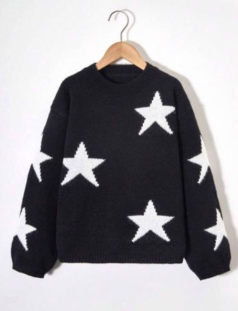 SHEIN Girls' Round Neck Long Sleeve Star Pattern Casual Knit Sweater