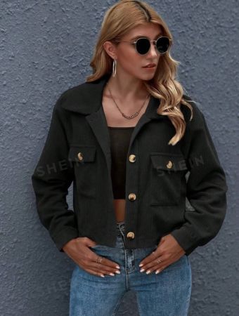 SHEIN Frenchy Button Front Patch Pocket Cord Jacket