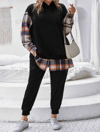 SHEIN LUNE Plus Plaid Drop Shoulder Hoodie & Sweatpants