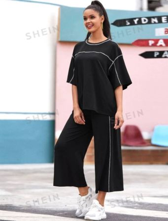 SHEIN Mulvari Contrast Stitch Top and Wide Leg Pants Set