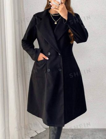 SHEIN Essnce Plus Size Women Elegant Commuter Solid Color Lapel Mid-Length Woolen Coat