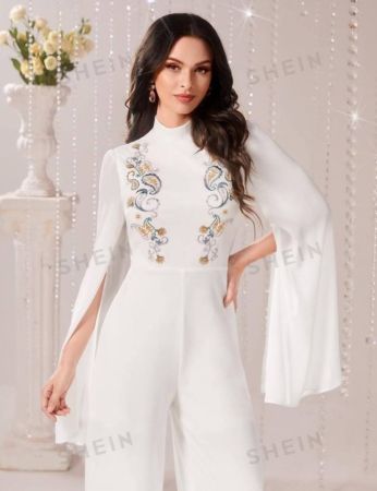 SHEIN Modely Floral Embroidery Split Sleeve Wide Leg Jumpsuit