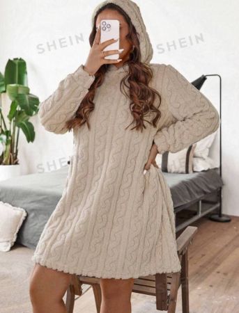 SHEIN Essnce Plus Size Solid Color Fluffy Hooded Long Dress, Casual For Autumn/Winter