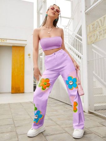 SHEIN High Waist Floral & Expression Print Straight Leg Pants