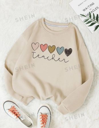 SHEIN LUNE Heart Print Thermal Lined Sweatshirt