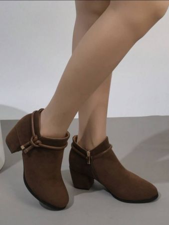 Women's Fashionable Boots, Solid Color Thick Heel Mid-Heel Short Boots, Fur Lined For Autumn/Winter