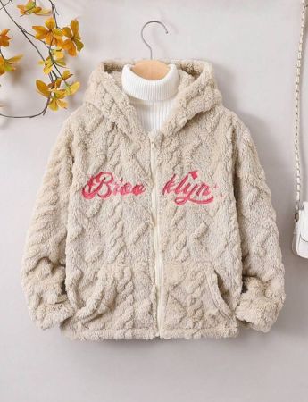 SHEIN Tween Girl Letter Embroidery Hooded Coral Fleece Jacket Without Sweater