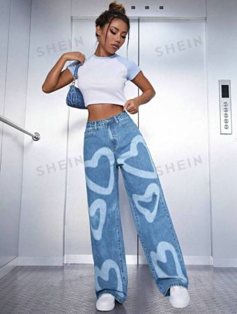 Heart Print Wide Leg Jeans