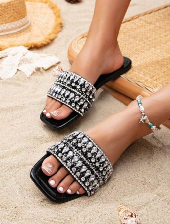 Summer Fashion Women's Rhinestone Flat Sandals, Casual Bohemian Seaside Style, Comfortable & Non-Slip, Plus Size Outdoor Slippers