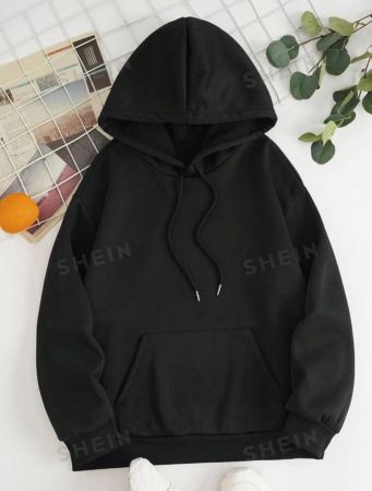 SHEIN EZwear Solid Kangaroo Pocket Drawstring Thermal Lined Hoodie