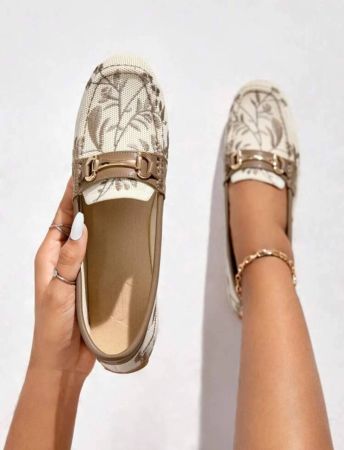 Women Shoes Beige Plant Embroidered Horsebit Decor Loafers