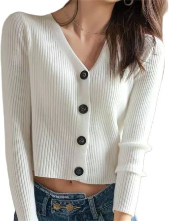 Women's V-Neck Short Cardigan Korean Fashion Long Sleeve Sweater