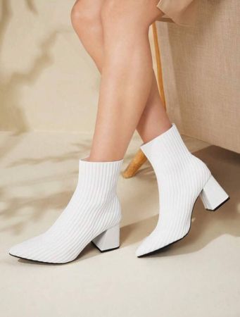 CUCCOO BASICS Women's Shoes Knit Detail Point Toe Chunky Heeled White Sock Boots Vacation Shoes Summer Sale Back To School Shoes College Student Shoes Halloween