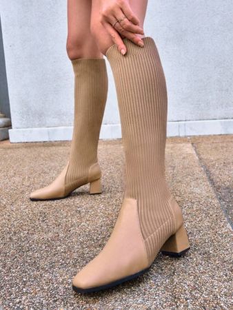 Women Shoes Square Toe Chunky Heeled Elegant Beige Outdoor Fashion Sock Boots