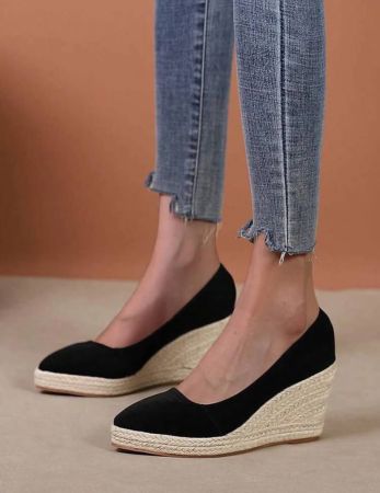 Women Minimalist Espadrille Court Wedges, Vacation Black Wedge Shoes