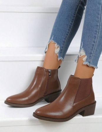 Women's Fashionable Brown Short Boots With Chunky Heel And Zipper, For Autumn And Winter