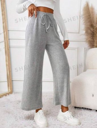 SHEIN Frenchy Ribbed Knit Knot Front Wide Leg Pants