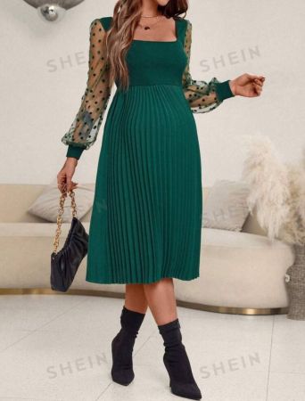 SHEIN Maternidad Vestido con malla jacquard en contraste de manga farol bajo fruncido