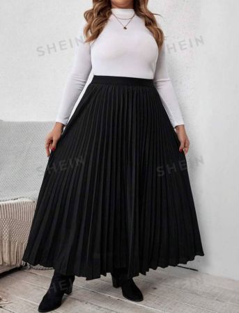 SHEIN VCAY Plus Size Women Solid Color Long Pleated Elegant Skirt