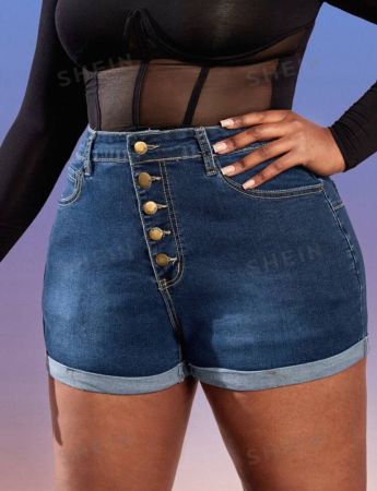 Plus High Waist Button Fly Roll Hem Denim Shorts