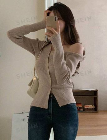 DAZY Women's Spring & Autumn Casual Solid Color Oblique Shoulder Cardigan