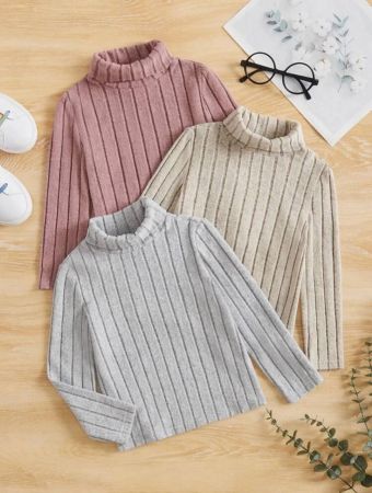 SHEIN 3pcs Tween Girls Extended Size Basic Solid Color Knitted Pullover With Stand Collar