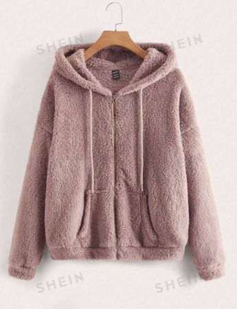 SHEIN LUNE Zip Up Drop Shoulder Drawstring Hooded Teddy Jacket