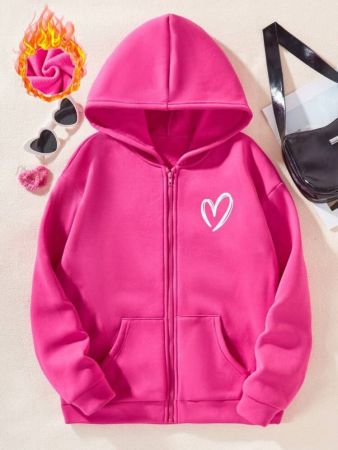 Girls' Youth Heart Print Hooded Zipper Sweatshirt