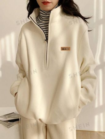 DAZY Letter Patched Detail Half Zip Drop Shoulder Teddy Sweatshirt